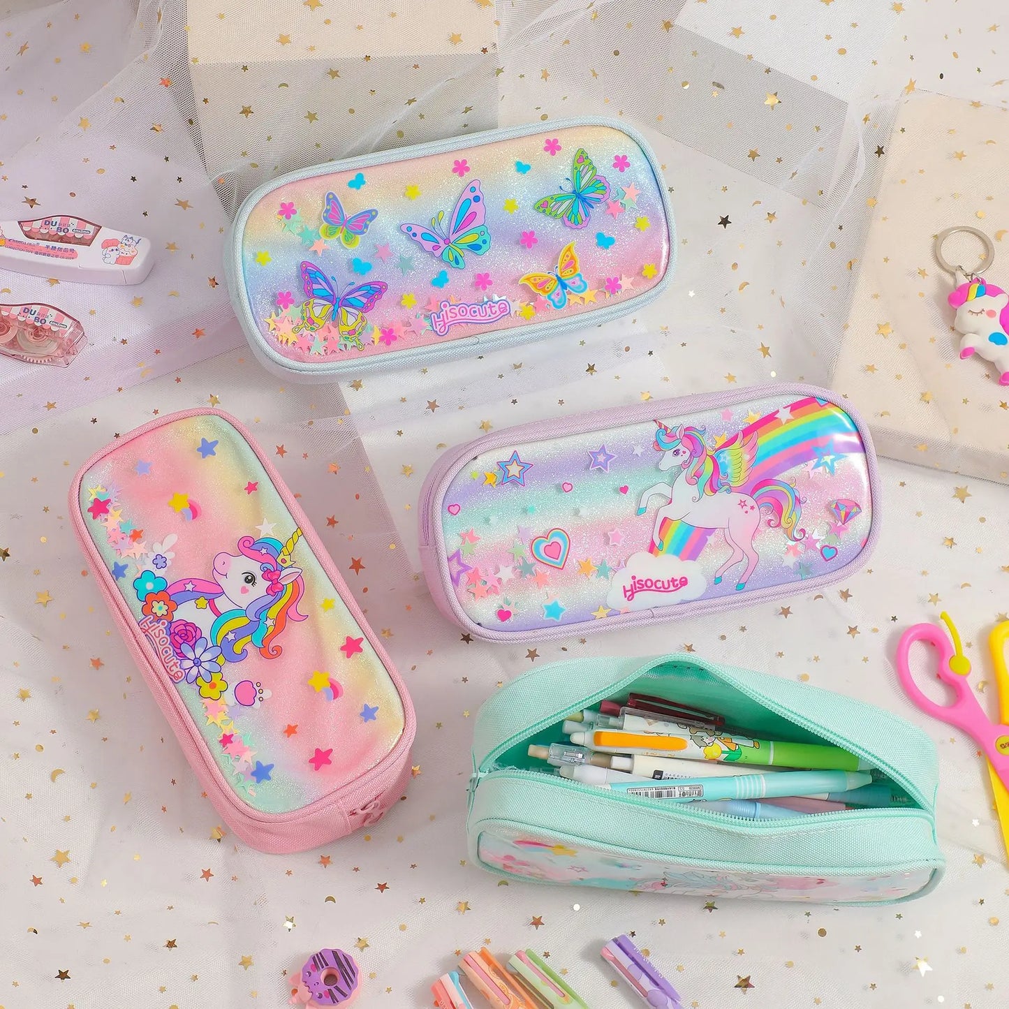 Trousse Licorne Kawaii – Grande Capacité | Arc-en-ciel & Papillons | Cadeau Idéal pour Filles