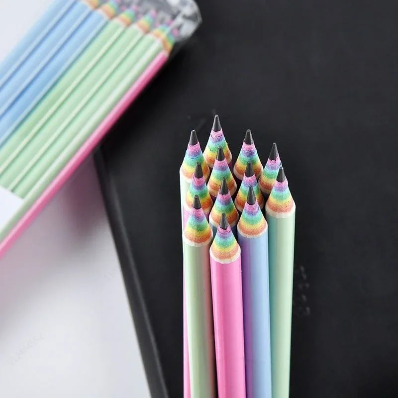 Crayons Enfants Arc-en-Ciel – Pack de 12 | Mine HB | Écologiques & Non Toxiques | Écriture et Dessin