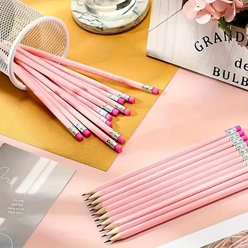 Crayons en Bois Rose avec Gomme – Lot de 10, 20 ou 30 Pièces | HB pour École, Bureau, Dessin et Mariages