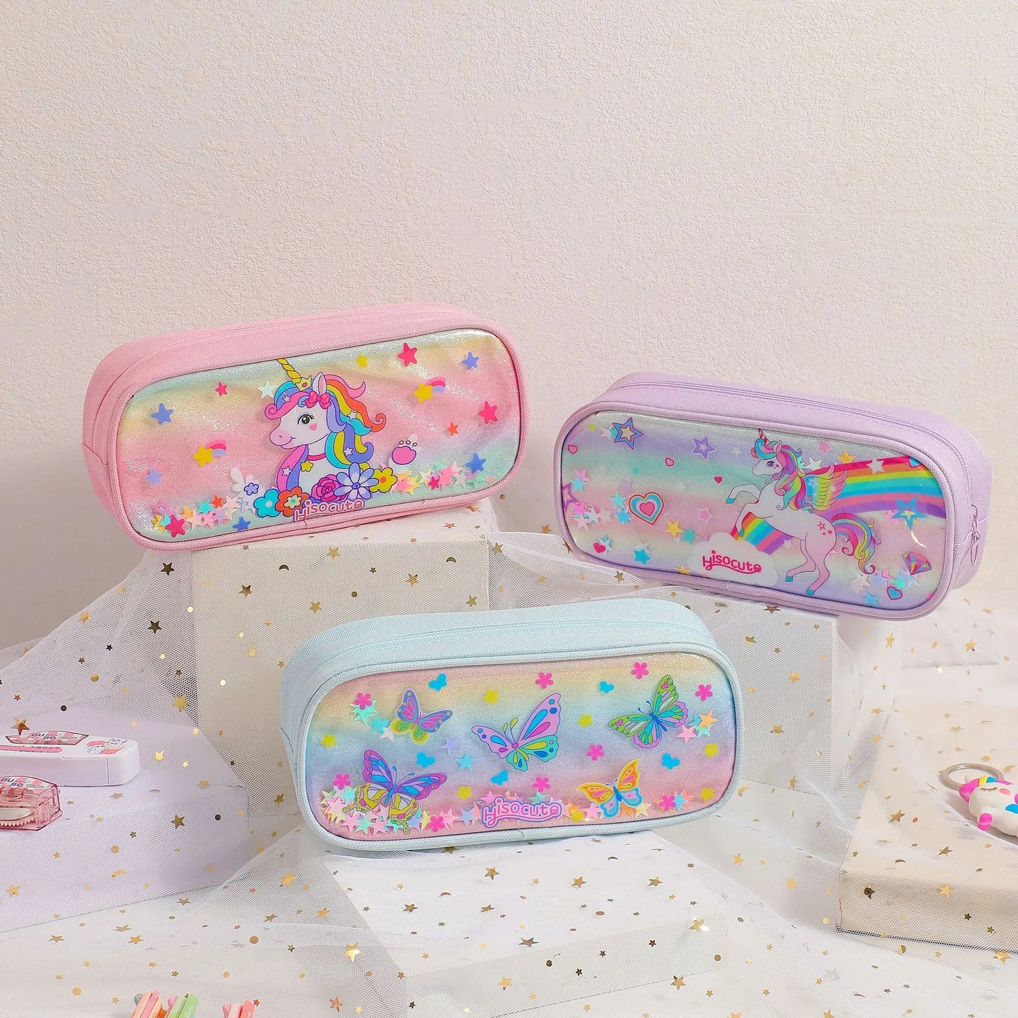 Trousse Licorne Kawaii – Grande Capacité | Arc-en-ciel & Papillons | Cadeau Idéal pour Filles